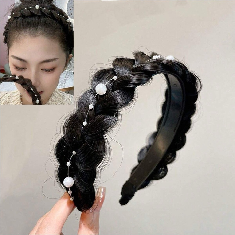 Elegant Black Braided Headband with Pearls